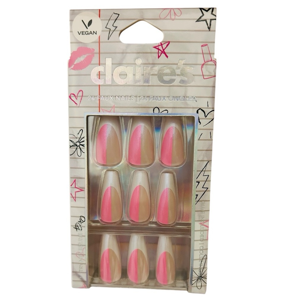 Press On Nails Vegan Faux Nail Set 24 Pack glue included Claire’s pink white New